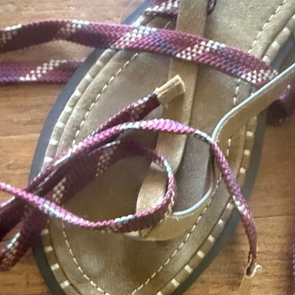 Zara Tan Suede Lace-Up Sandals with Burgundy Straps - Picture 6 of 7